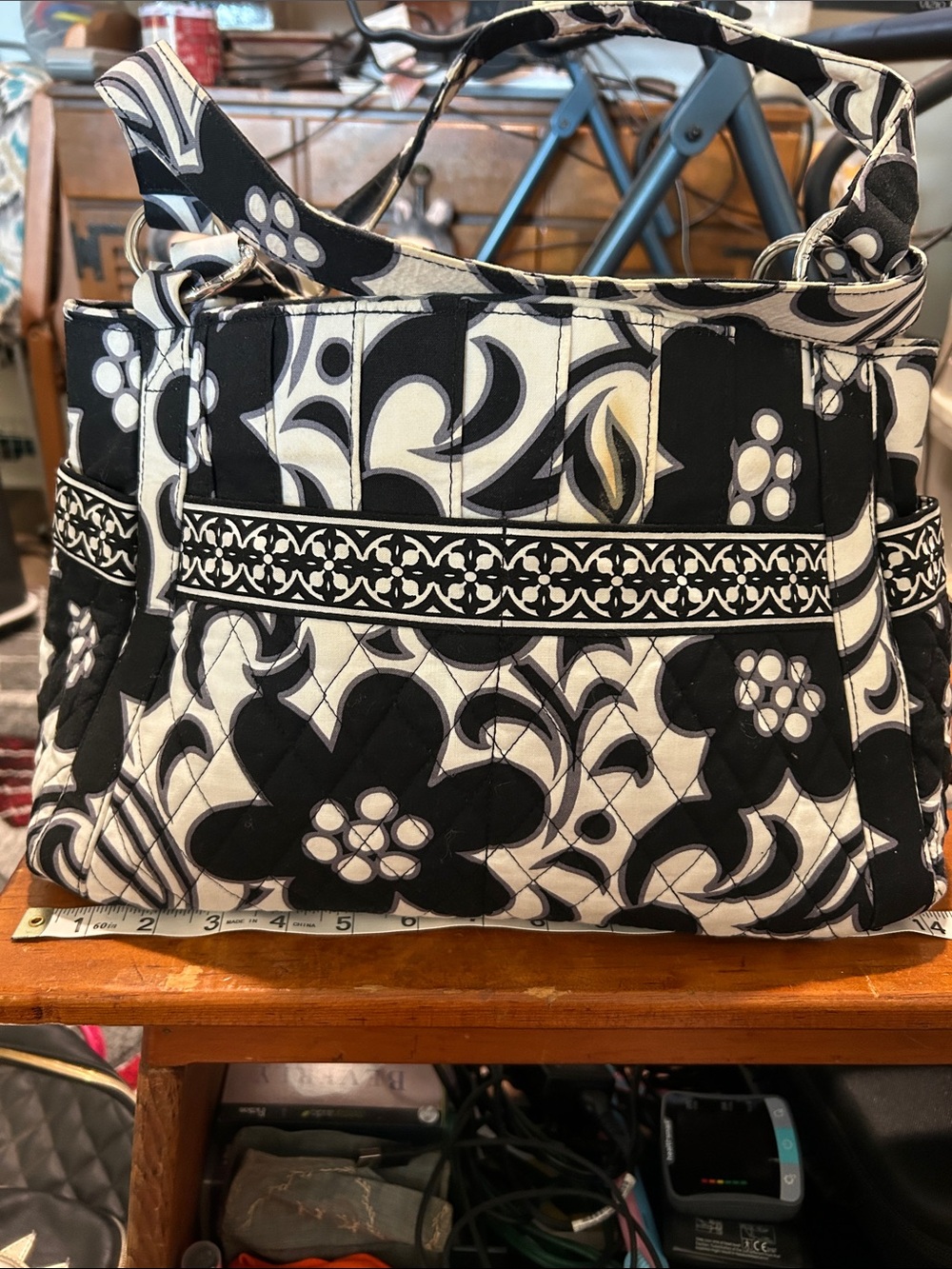 Vera Bradley Black and White Quilted Floral Shoulder Bag
